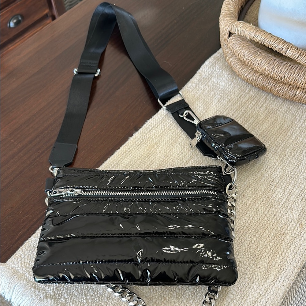 Patent Quilted Black Crossbody Bag with Silver Chain